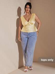SHEIN BAE Plus Size Elegant Sexy Solid Deep V-Neck Christmas Top, ,Christmas Party Top,Thanksgiving - Yellow - View 5