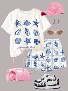 两件套少女休闲贝壳沙滩图案短袖圆领T恤和短裤套装，适合夏季度假、居家、旅行、休闲夏日、度假氛围 - 彩色 - 查看 3