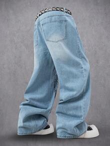 Manfinity Denimwave Fashionable High-End Dragon Print Wide-Leg Jeans - Blue - View 2