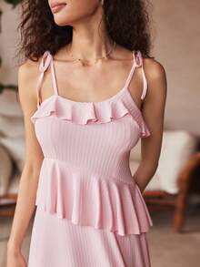 Lullawish Vestido maxi holgado y casual bohemio, con textura de punto, volantes en el bajo, elegante Camisón francés para mujeres jóvenes y casuales - Rosa Pálido - Ver 6