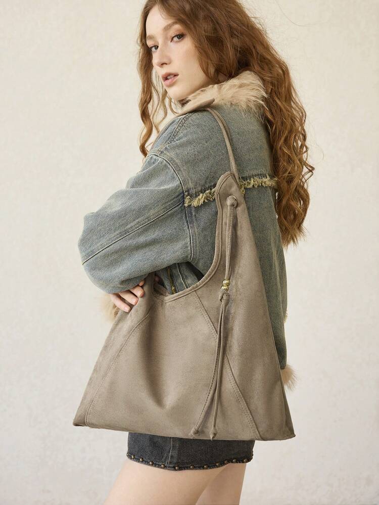 AUTUMN/WINTER SUEDETTE SHOULDER BAG, LARGE CAPACITY COMMUTER TOTE BAG