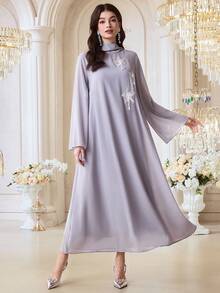 Al Najma Women's Elegant Beaded Embroidery Loose Arabic Style Dress, Autumn - Dusty Purple - View 5