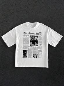 Manfinity VCAY Men's White Summer Streetwear Vintage Newspaper Graphic Print T-Shirt,Casual Boxy Tee For City Break Commute Street Style Graphic Tee Top - White - View 8