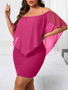 Reflora Plus Size Women's Fashionable Solid Color Off-Shoulder Short Dress - Hot Pink - View 7