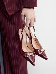 CUCCOO BIZCHIC Tacones altos de moda versátiles de uso diario con diseño de hebilla y punta afilada para mujer - Burdeos - Ver 7