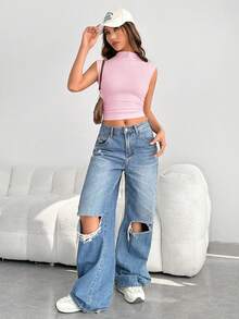 SHEIN EZwear 夏季穿搭针织纯色背心 - 淺粉色 - 查看 4