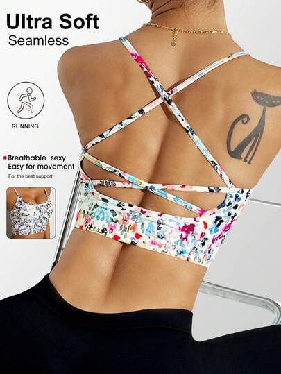 Sovereign Charm Women Floral Print Sports Bra With Strappy Criss-Cross Back Design