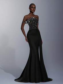 Elitara Đầm maxi cúp ngực không dây, xếp ly eo, dáng đuôi cá, sang trọng, đính đá 3D lấp lánh, được làm thủ công tinh xảo, phù hợp cho các buổi hẹn hò, kỳ nghỉ, đám cưới và các sự kiện trang trọng. - màu đen - Xem 7