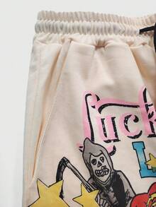 ROMWE MEN Street Life Men's Shorts With Creative Statue Of Liberty Graffiti Print - Apricot - View 6