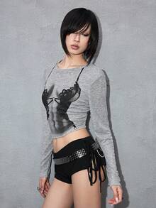 ROMWE Avant Áo thun dài tay ôm sát in họa tiết gợi cảm - Xám - Xem 5