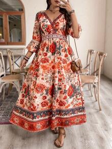 Weeklong Plus Size Women's Fashion New Bohemian V-Neck Long Floral Print Maxi Dress, Short/Long Sleeve, Suitable For Spring/Summer, Back To School, Vacation, Graduation, Holidays, Valentine's Day, Christmas, Music Festivals, Mother's Day, Halloween, Thanksgiving, Easter, National Day, Dances, Dates, Parties, Weddings, Outdoor Activities - Multicolor - View 7