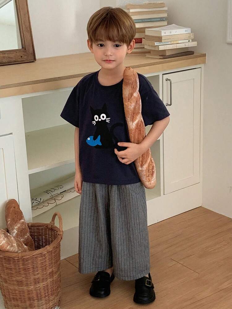 Young Boy Casual Cartoon Print T-Shirt And Striped Pants Set, Summer
