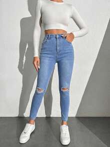 SHEIN PETITE 98% Cotton Women's Skinny Ripped Jeans ,Petite Women - Baby Blue - View 6