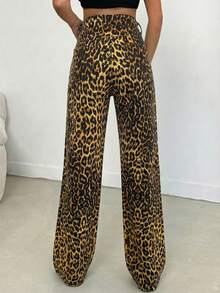 SHEIN Tall 100%纯棉中腰阔腿豹纹高个牛仔裤 - 彩色 - 查看 2