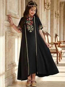 Tween Girls Fashion Embroidered Ribbon Dress - Black - View 3