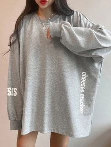 DAZY 女士标语印花落肩长袖T恤，秋季服装图案T恤 - 灰色 - 查看 2