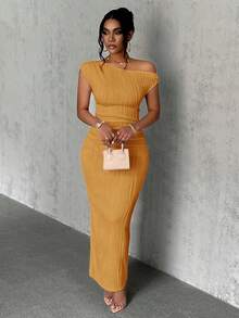 Slaydiva 夏季新款优雅派对日常约会斜肩单肩露肩前褶修身长裙波浪纹理针织面料白色女装 - 珊瑚橙 - 查看 4