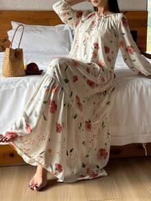DAZY Floral Print Tie Neck Loose Lantern Sleeve Women Nightgown - White - View 8