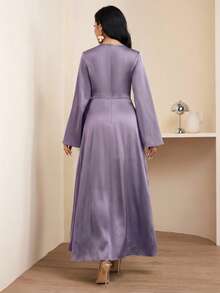 Veilorie 保守优雅的褶皱胸部喇叭袖阿拉伯风格女式连衣裙 - 淺灰紫 - 查看 7