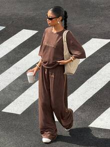 SHEIN EZwear Summer Casual Sets For Women Embroidery Letter Pattern Drop Shoulder Tee & Wide Leg Pants Set - Coffee Brown - View 3