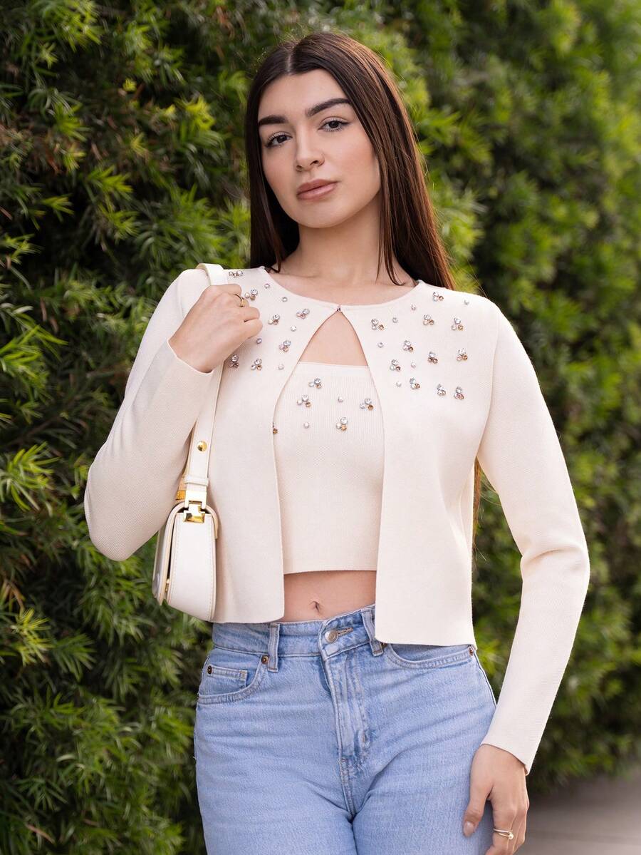 Andrea Bello 珠饰水钻针织开衫 - 杏色 - 查看 1