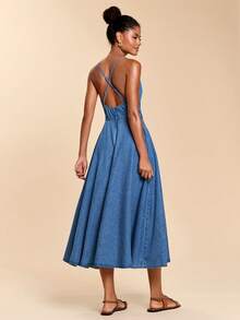 Travachic Women's Sexy Backless Tie-Waist Denim Slip Dress, Vacation Style - Medium Wash - View 6