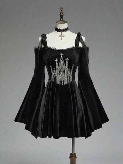 Plus Size Gothic Castle Cross Embroidery Square Neck Lace Trim Splice Black Lace-Up Off-Shoulder Flare Sleeve A-Line Dress For Women