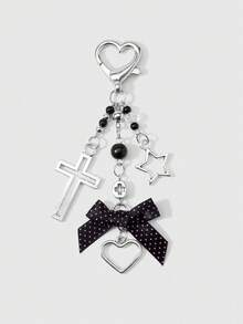 ROMWE Kawaii 1款春季新款简约经典时尚复古学院风银黑树脂CCB圆珠镂空星十字波点织带蝴蝶结爱心吊坠DIY钥匙扣包包挂件水杯挂件手机挂件，固定粘贴式爱心饰品，适合女孩女士日常佩戴，节日礼物 - 銀黑色-73 - 查看 7