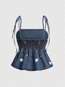 Sweetness Spring / Summer Plus Size Women Strawberry & Floral Print Ruffle Hem Denim Camisole Top - Medium Wash - View 9