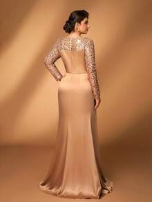 Serin 大码优雅奢华香槟色串珠蕾丝贴花拼接弹力缎面薄纱长袖褶皱美人鱼连衣裙，适合婚礼、派对、度假、舞会、新娘母亲礼服