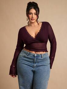 SHEIN BAE Blusa de manga larga con parches de encaje y malla de unicolor, camiseta interior, prenda exterior, para el Día de San Valentín, talla grande - Morado - Ver 1