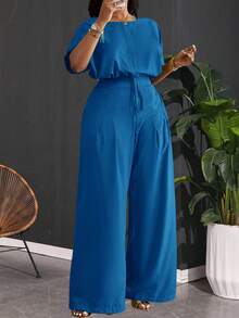 Slaydiva 春夏新款优雅通勤/派对/夜店/户外绿色宽松落肩抽绳下摆露脐上衣和阔腿口袋裤女式加大码两件套 - A，夏季瑜伽连体裤工作服女装高个女装女式办公室工作服女装 - 水鴨藍 - 查看 1