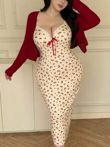 Vibekara Bộ đồ 2 món dành cho nữ cỡ lớn mùa xuân/hè: Áo khoác cardigan dài tay dệt họa tiết + Đầm chữ A hai dây thắt nơ hoa in hình quả anh đào và trái cây, kiểu dáng thanh lịch cổ điển, dễ thương, thường ngày, thích hợp cho kỳ nghỉ. - Nhiều màu - Xem 5