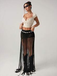 SHEIN ICON Đồ đi biển màu đen Y2k, đồ đi nghỉ hè, đồ đi biển màu đen, đồ đi chơi, đồ boho, đồ xuyên thấu, đồ gợi cảm, áo len móc, áo len kiểu miền Tây, áo len viền tua rua, váy len dệt kim rỗng, váy tua rua màu đen, váy tua rua mùa xuân đến hè. - màu đen - Xem 6