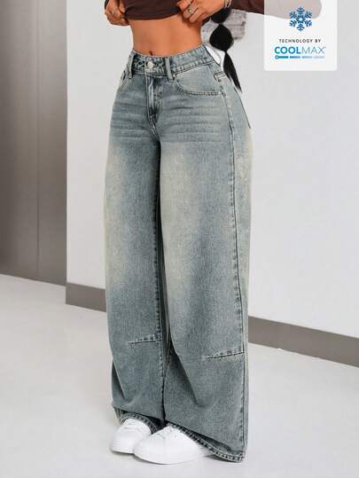 SHEIN ICON Jeans de pierna ancha con bolsillos y botones, de uso casual y versátil para uso diario de mujeres