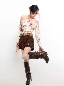 Bloopia Quần short nữ cạp thấp, rách gấu, có túi hộp, thích hợp cho mùa hè. - màu nâu - Xem 5