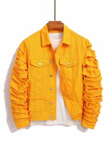 Manfinity Roughcore Men's Solid Color Frayed Hem Long Sleeve Front Button Denim Jacket Designer Jacket - Yellow - View 1