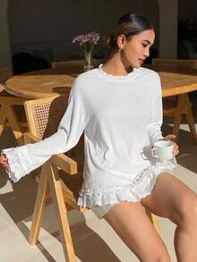 DAZY Women's Ruffled Floral Trim Sleepwear Top - White - View 1