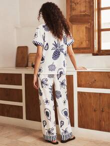 波西米亚休闲度假睡衣套装，开襟翻领睡衣套装，宽松夏威夷印花度假风女式睡衣套装 - 彩色 - 查看 2