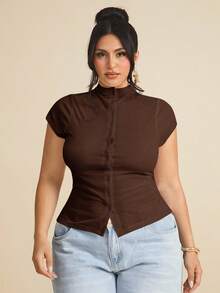SHEIN BAE Plus Size Women Casual Everyday Knit Elastic Short Sleeve T-Shirt - Brown - View 5