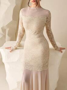 Modelyn 女士网纱撞色蕾丝长袖修身鱼尾连衣裙 - 杏色 - 查看 1