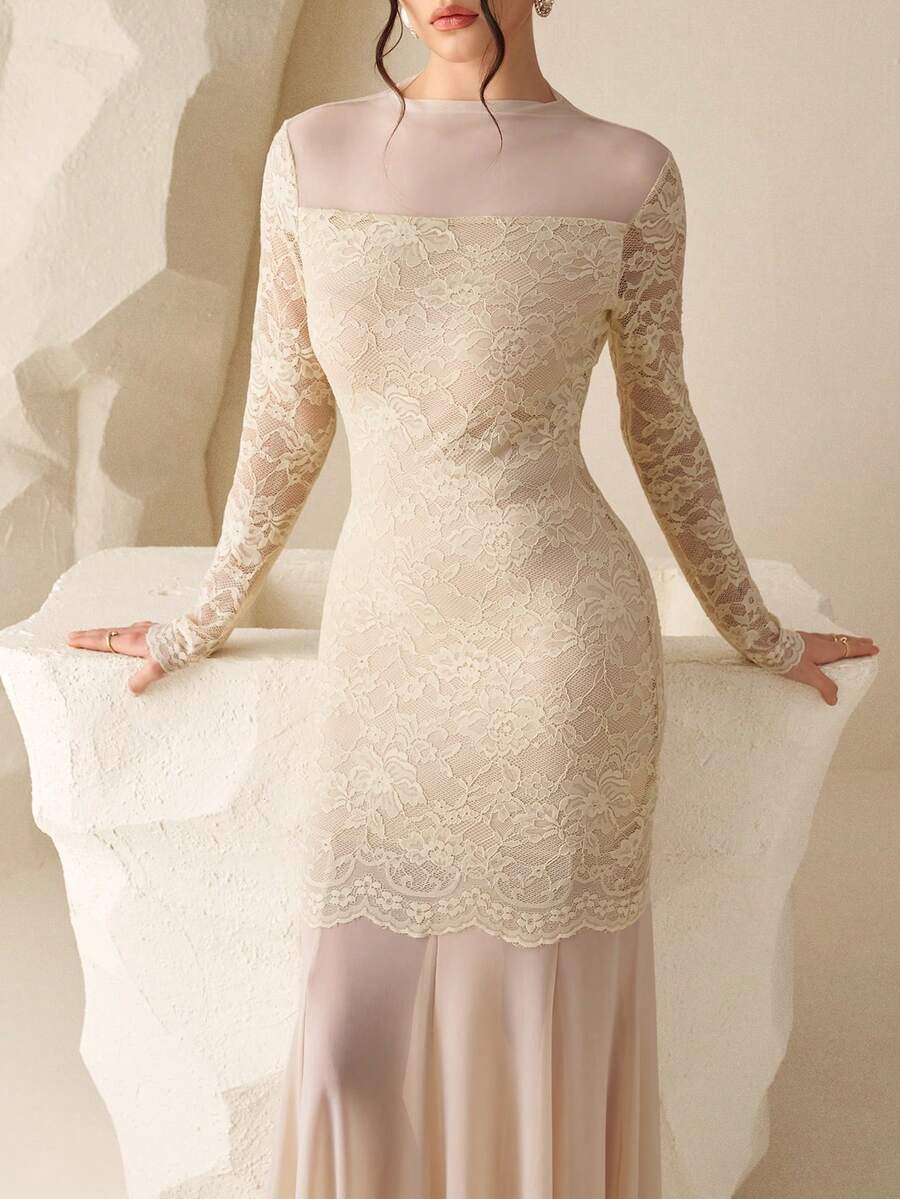 Modelyn 女士网纱撞色蕾丝长袖修身鱼尾连衣裙 - 杏色 - 查看 1