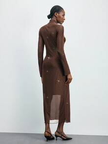 Maija 女士纯色水钻装饰连衣裙，优雅办公装，音乐节，情人节，夏季派对礼服 - 棕色 - 查看 2