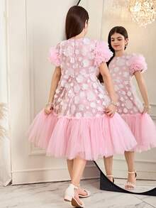 SHEIN Tween Girl Woven Mesh Floral 3D Ruffle Hem Casual Dress