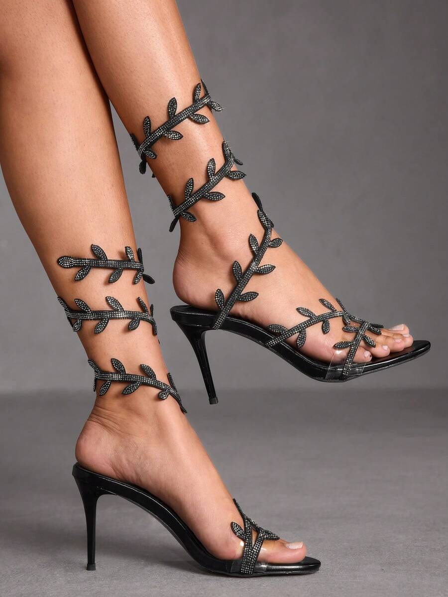 CUCCOO SZL Giày sandal cao gót mũi nhọn đính đá hoa văn thanh lịch dành cho nữ. - màu đen - Xem 1