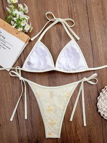 Swim Mod Casual Women's White Halter Bikini Set With Plants Pattern And Tie Side Bottom - White - View 7
