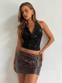 Aloruh Burgundy Draped Neck Glittery Knit Party Christmas Sexy Plunge Neck Camisole - Black - View 4