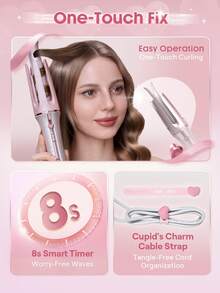 SHEGLAM HAIR Cupid's Charm One-Touch Instant Curler,Pink Automatic Curling Iron 19mm EU Plug,10min Quick Waves,60s Fast Preheat,3 Adjustable Temps,Heart-Shaped Switch,8s Smart Timer,Quick Auto Curl Magic Enhance Shine & Protection Suitable For Medium To Long Hair