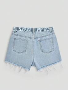 SHEIN ICON 夏季水洗无弹力休闲毛边短裤 - 淺藍色 - 查看 2
