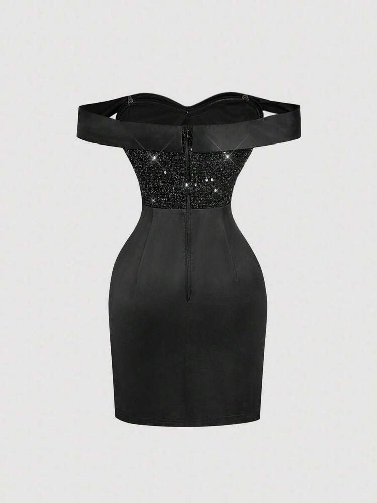 fancy short black dress SHEIN MOD Off-Shoulder Sequin Satin Mini Dress,Elegant Wedding Guest For Women,Classy Summer Night Out Valentine's Day Birthday Outfits Tight Bebe Black White Stripe Size:6.5 date nights Revolve Floral Dress